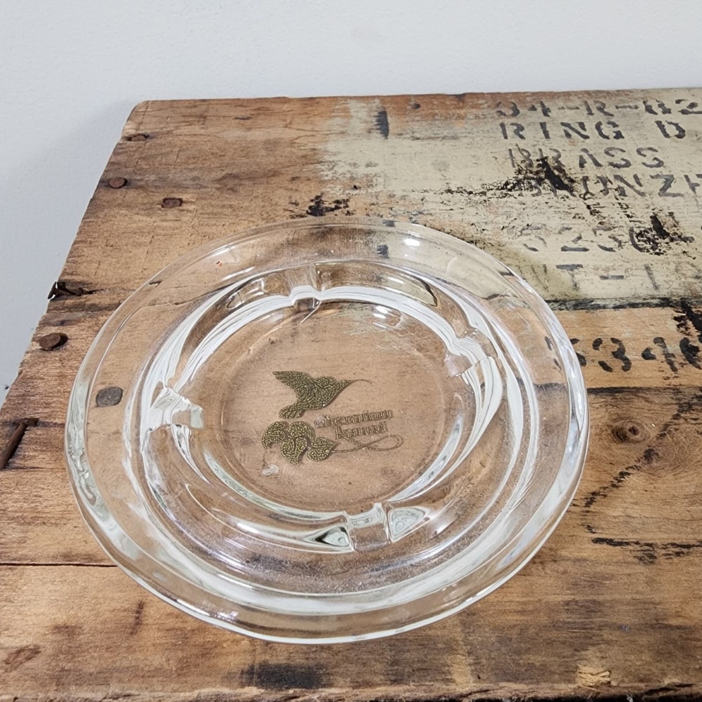 Vintage Sheraton Kauai hotel clear glass ashtray with gold colored‎ logo